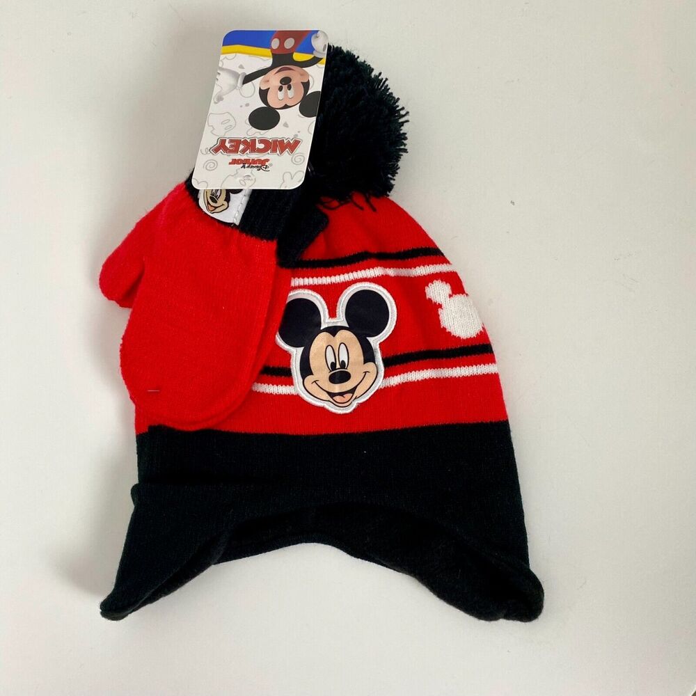 Disney Mickey Mouse Toddler Hat & Mittens Set One‎ Size Red/Black NWT